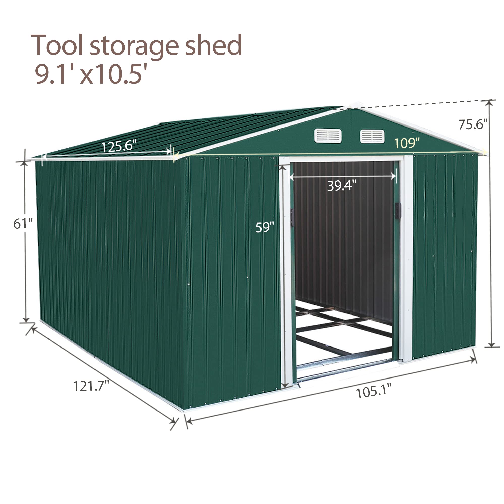 9.1' x 10.5' Galvanized Steel Storage Shed Sliding Door Tool Shack with 4 Vents & Metal Floor