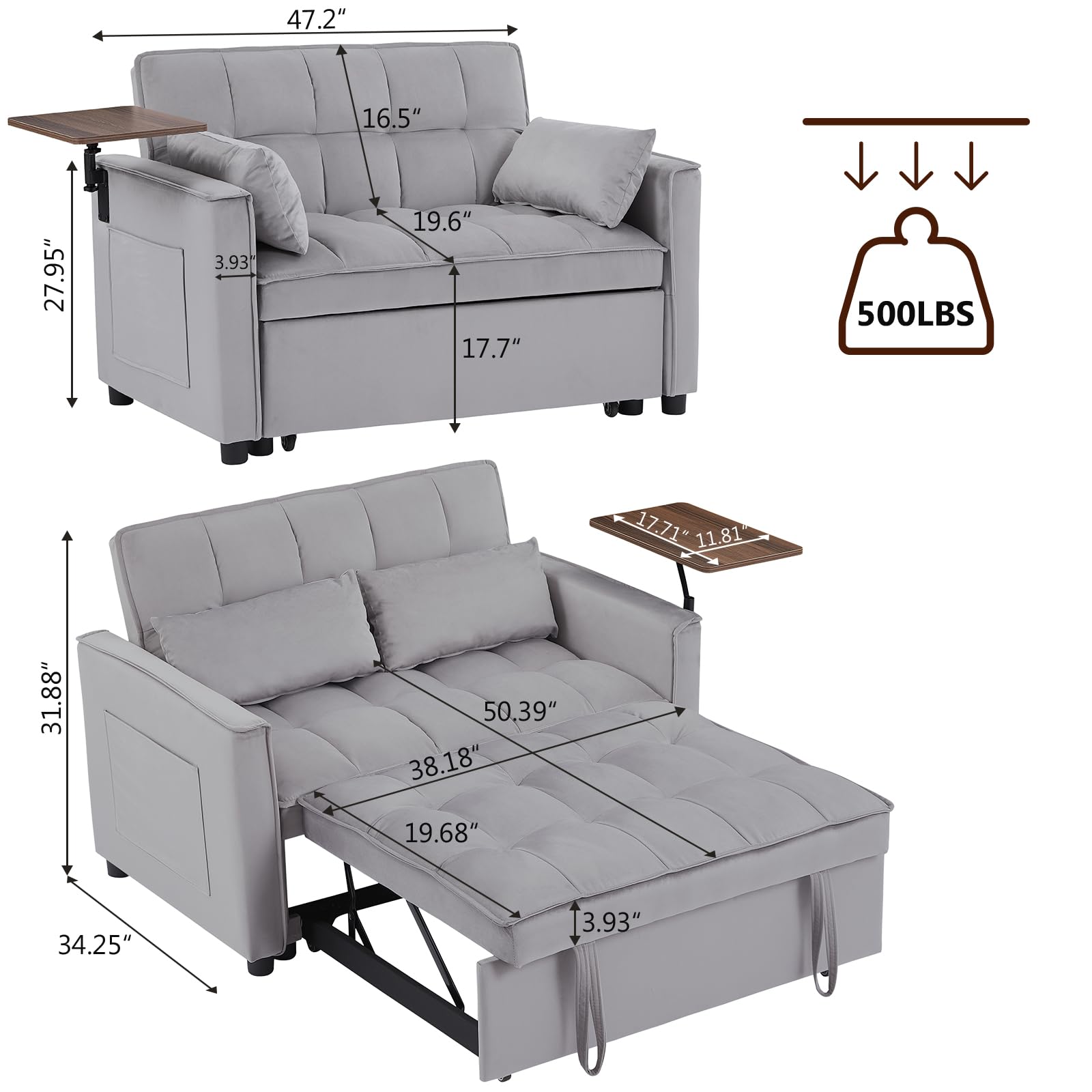 Yafylly Chaises Longues, Sofa Bed with Side Table, Grey