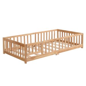 TesNus Twin Size Floor Bed with Door, Montessori Bed with Rails and Slats for Boys and Girls, Solid Wood Platform Bed Frame for Kids with Fence,Natural Wood