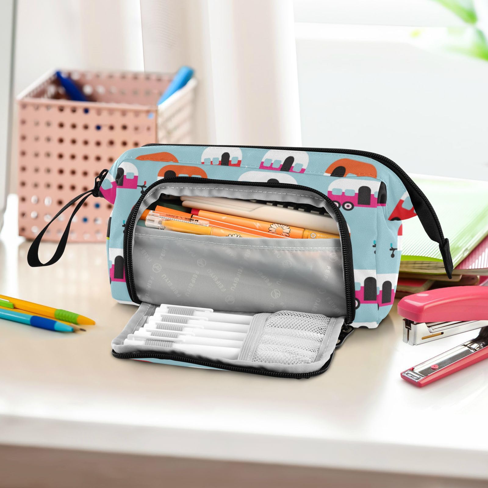 IHCVHQX Pencil Case Happy Camper Caravan Large Capacity Pencil Pouch Stationery Bag School College Office Organizer for Teens Boys Girls Adults Student