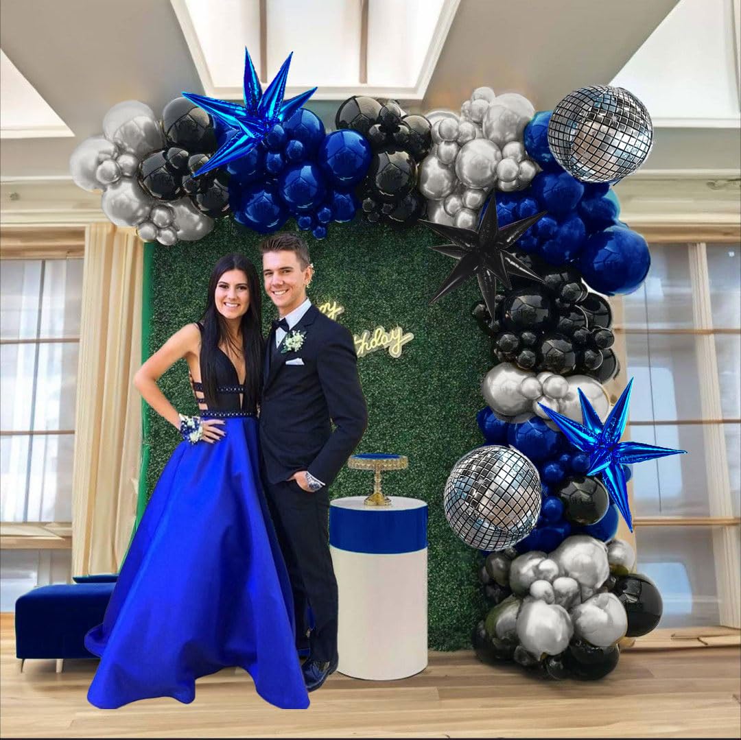 yeewaka royal blue and black silver disco balloon garland arch kit 170+pcs with 4D disco ball diy Star balloons mylar balloon for Birthday graduations Prom disco party decorations