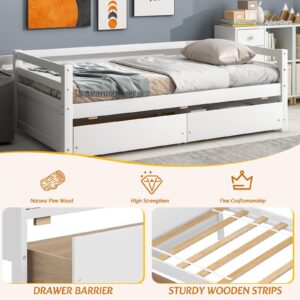 ROCKINGRUN Twin Daybed with 2 Storage Drawers,Pinewood Twin Size Daybed Frame with Guardrail,for Boys/Girls/Teens Bedroom, Easy to Assemble, No Box Spring Needed,White