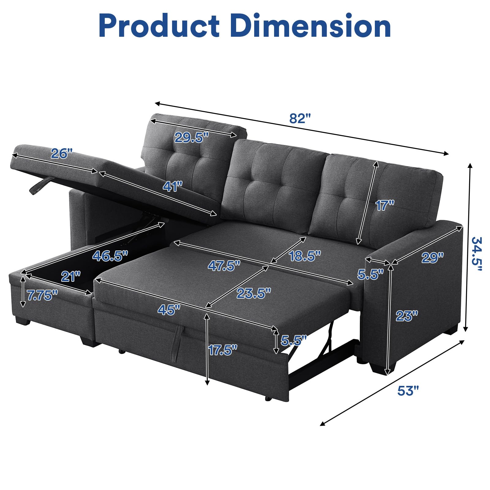 Rovibek L Shaped Couch with Pull Out Bed and Storage Multifunctional Sectional Sleeper Sofa with Chaise for Living Room, Apartment, Bedroom, Office, Dark Grey