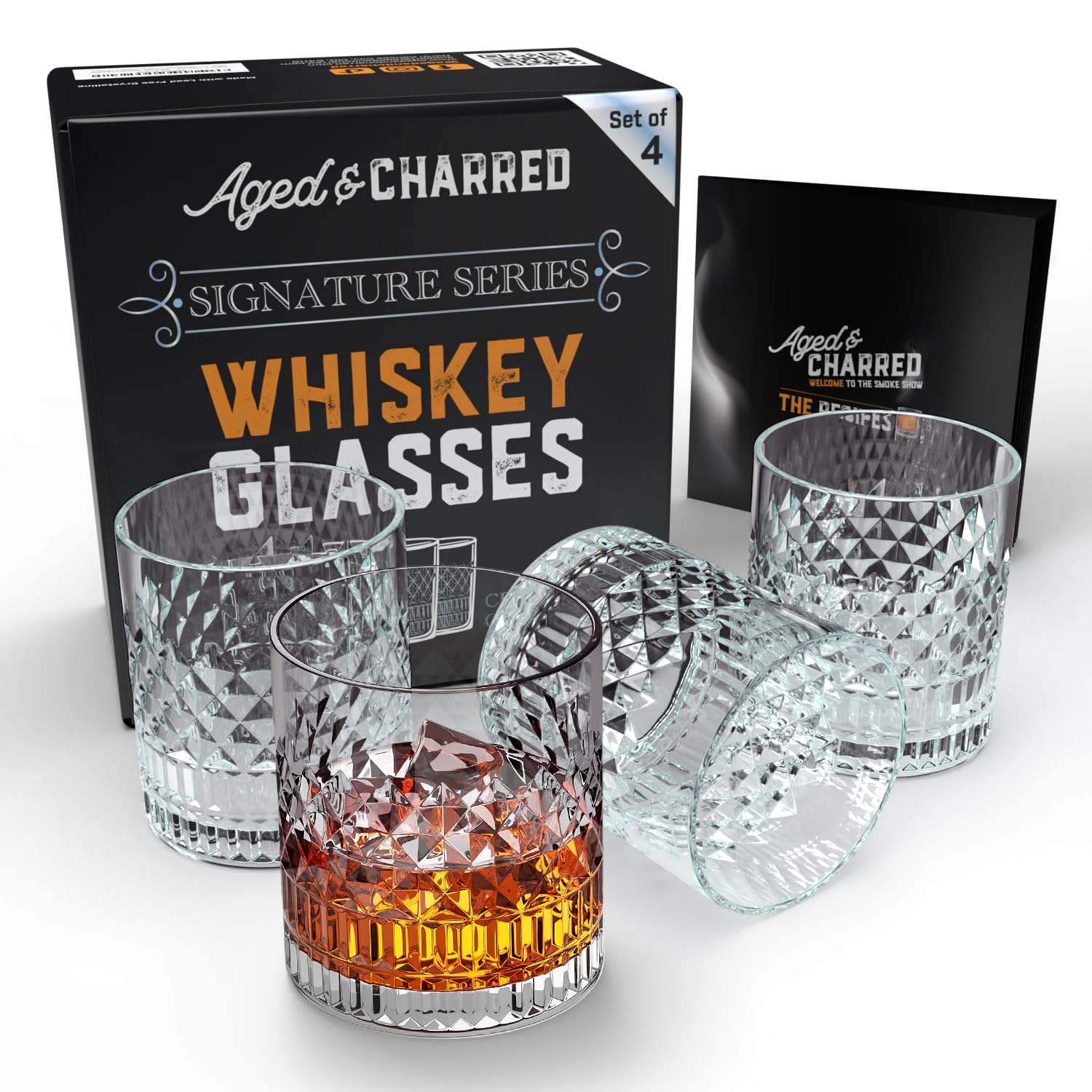 Aged & Charred Old Fashioned Whiskey Glasses Set of 4 - Premium Crystalline Bourbon Glass - Scotch Glasses Sophisticated Design - Elegant Gift Box