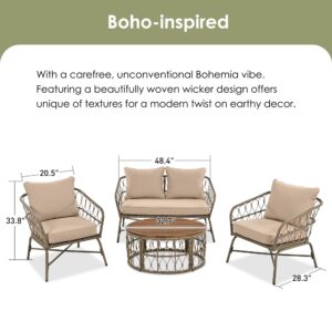 LUMISOL 4 Piece Outdoor Furniture Set with Wood Table, Patio Furniture Set with Removable Cushions, Outdoor Conversation Set for 4 Person, for Backyard Pool, Beige