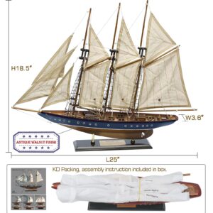 SAILINGSTORY Wooden Sailboat Model Ship Sailboat Decor 24" Schooner Atlantic 1:60 Scale Replica Blue and Walnut Antique Finish