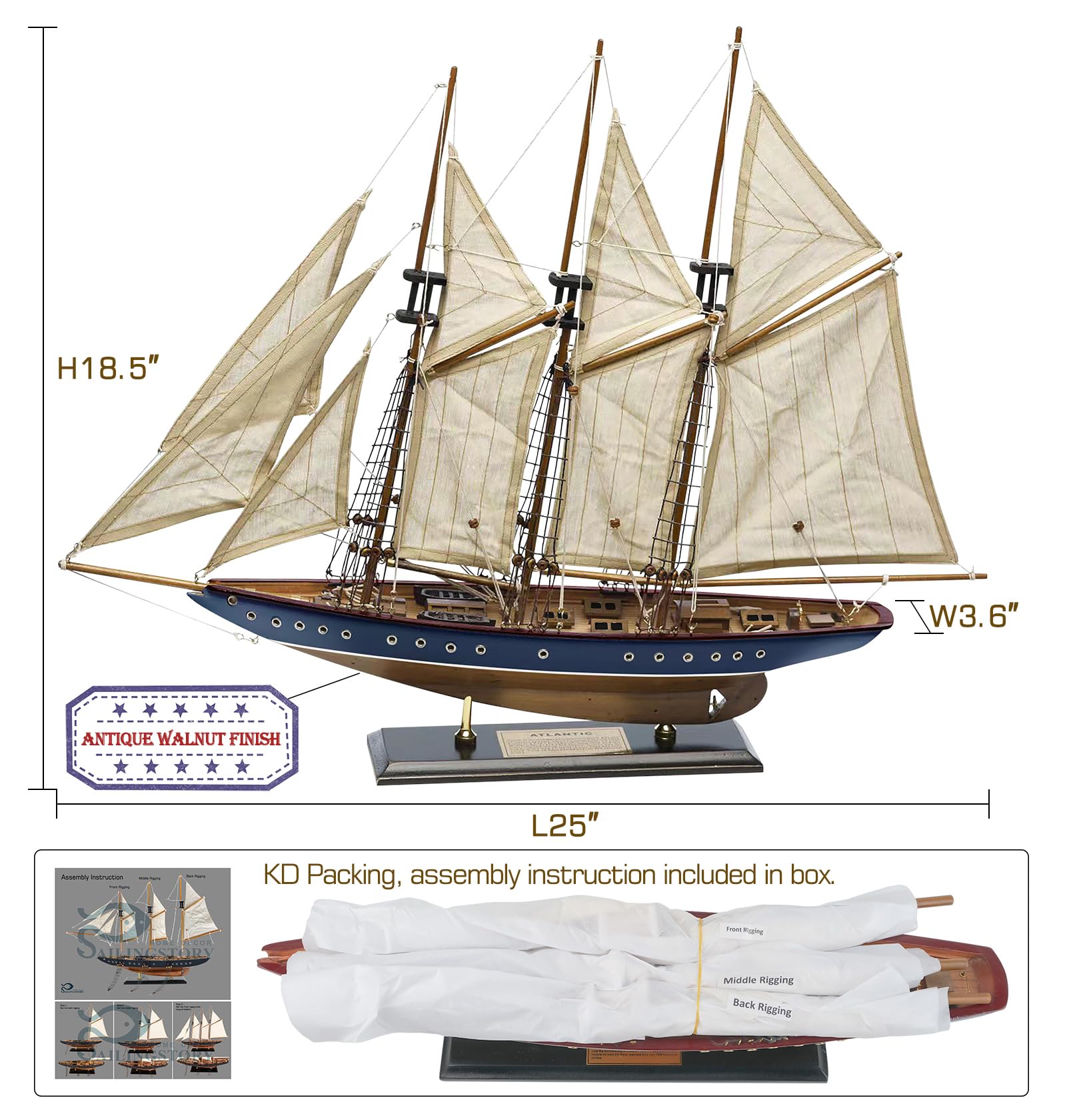 SAILINGSTORY Wooden Sailboat Model Ship Sailboat Decor 24" Schooner Atlantic 1:60 Scale Replica Blue and Walnut Antique Finish