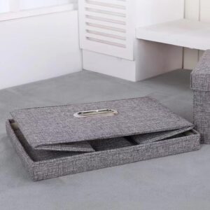 Grey Collapsible Storage Box with Lid, Cotton Linen Washable Dorm Office Bedroom Organizer