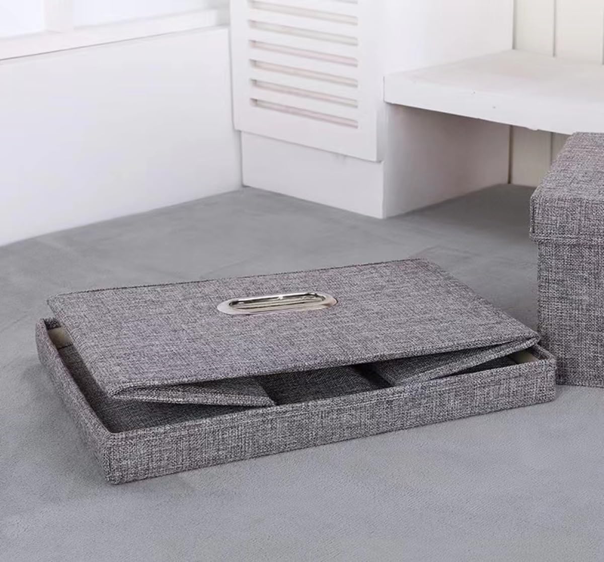 Grey Collapsible Storage Box with Lid, Cotton Linen Washable Dorm Office Bedroom Organizer