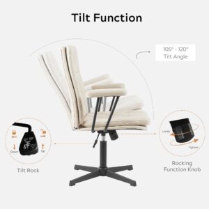 EYYTHUNG Desk Chair No Wheels with Arms Crossleg Stationary Ergonomic Soft Cushion Home Office Swivel Working Computer Chair Cream White