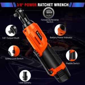 HSHa Cordless Electric Ratchet Wrench Set, 3/8" 12V Power Ratchet Driver w/Safe Lock Switch & LED Light, 7 Sockets, 2-Pack Lithium-Ion Batteries and 60-Min Fast Charge