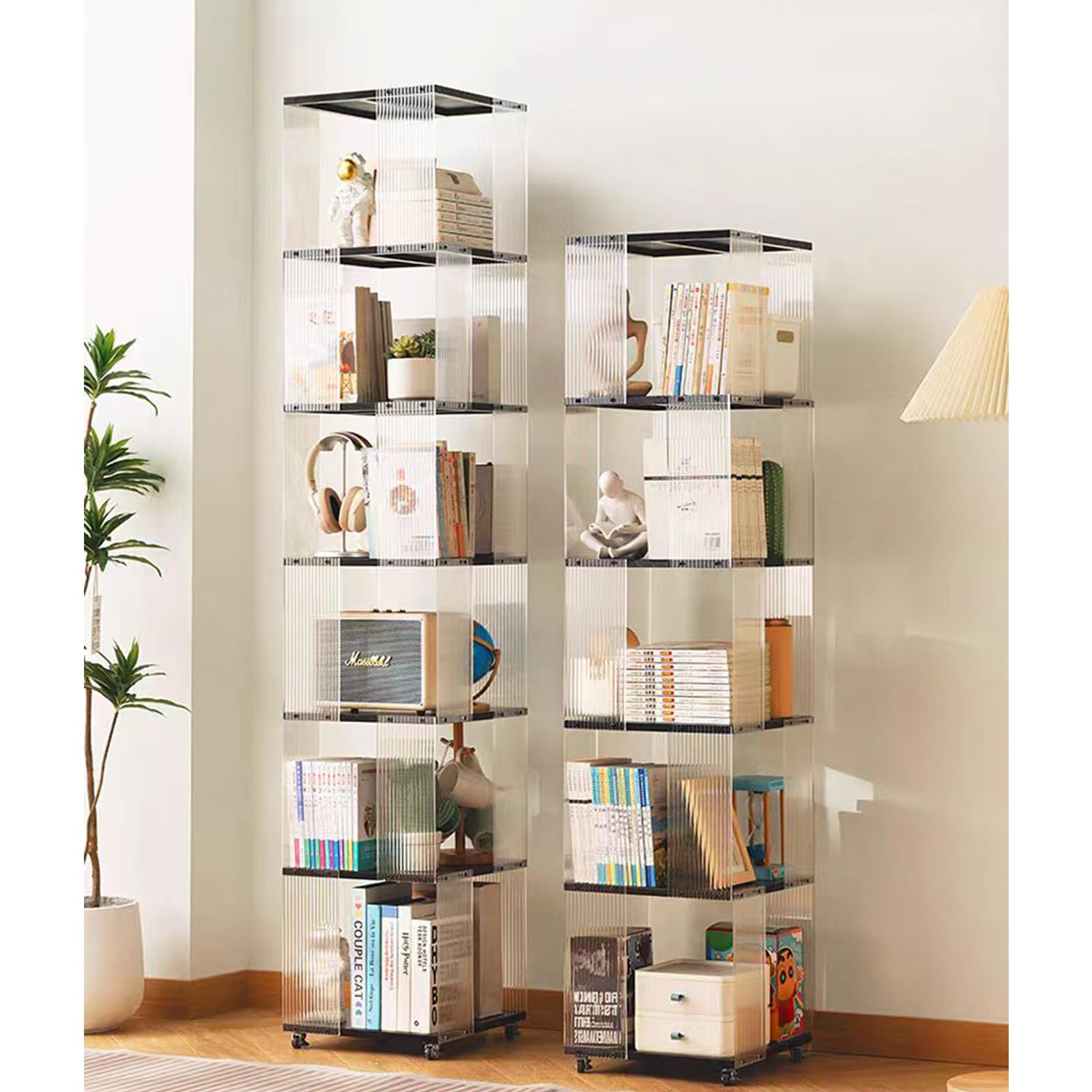 5 Tier Rotating Bookshelf, Clear Bookcase, Modern Storage Organizer Book Case for Bedroom Living Room Home Office, 360 Display Spinning Bookshelf Floor Standing Book Shelf (5 Tier - Natural)