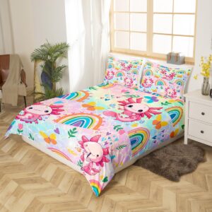 Feelyou Cute Axolotl Comforter Cover Set Cartoon Salamander Duvet Cover for Kids Boys Girls Rainbow and Butterflies Bedding Set Ombre Bedspread Cover Bedroom Collection 3Pcs Full Size