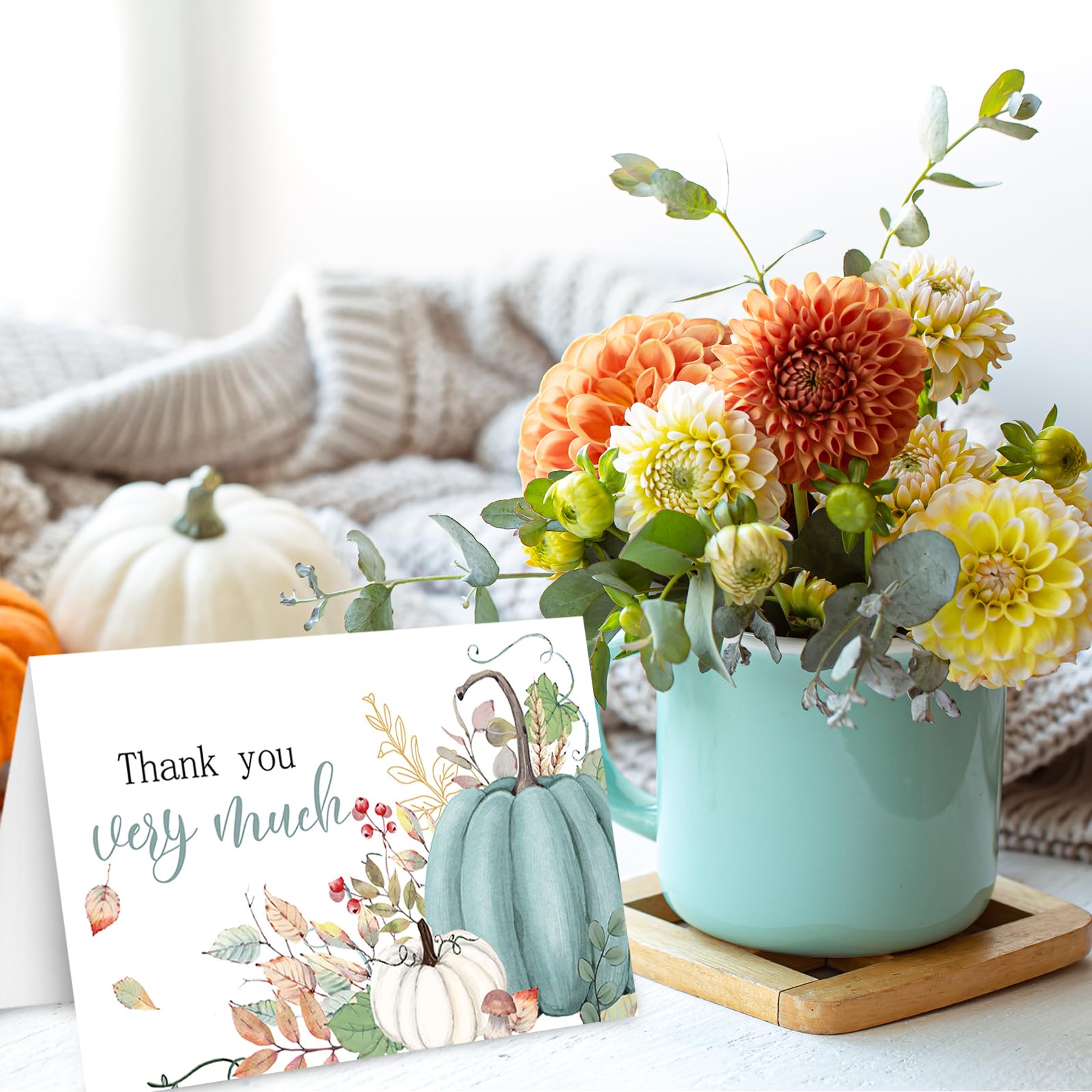 Whaline 24 Pack Fall Thank You Cards Bulk Blue Pumpkin Greeting Cards with Envelope Sticker Blank Note Cards for Autumn Birthday Baby Shower Party Supplies, 4 x 6 Inch