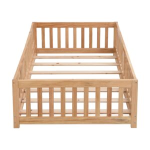 TesNus Twin Size Floor Bed with Door, Montessori Bed with Rails and Slats for Boys and Girls, Solid Wood Platform Bed Frame for Kids with Fence,Natural Wood