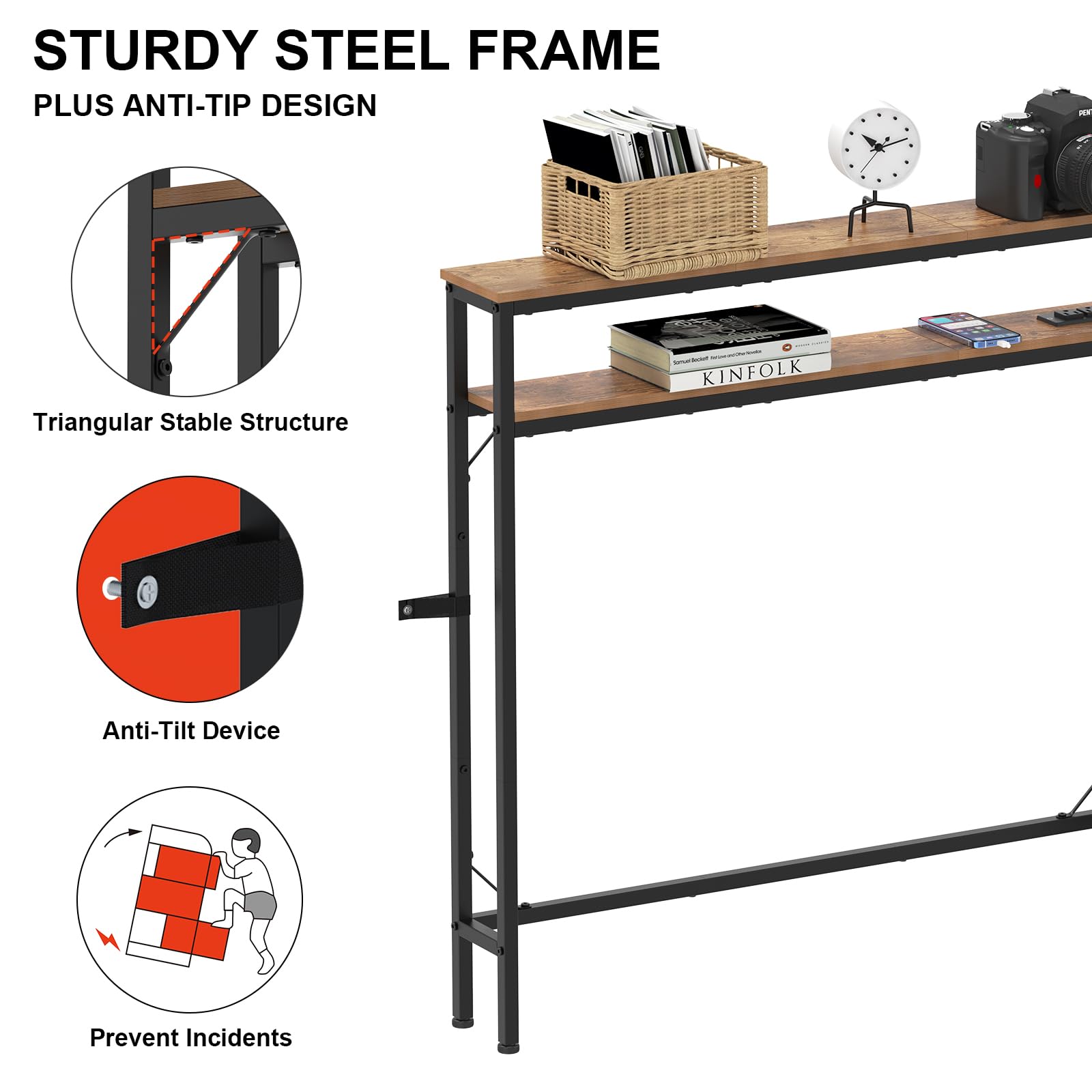 Tohomeor 5.9" Narrow Console Sofa Table with Power Outlets Led Light Sofa Skinny Behind Couch Table with Shelves Metal Frame and Charge Station (1, Rustic Brown)