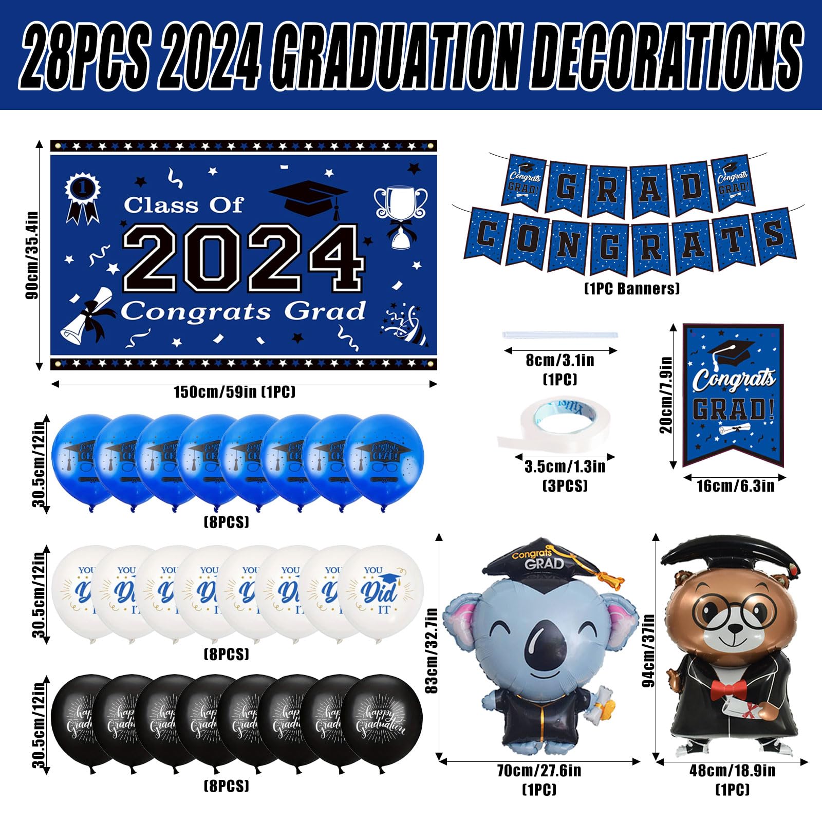 Graduation Decorations Class of 2024 Blue Themed - 2024 Graduation Foil Balloons Congrats Grad Banner Graduation Backdrop Kindergarten Graduation Congrats Grad Party Decorations Supplies