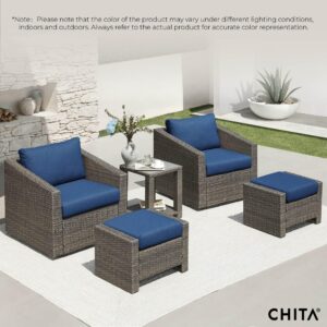 CHITA 5 Pieces Wicker Patio Furniture Set, Outdoor Conversation Set with 2 Pieces Rattan Swivel Chairs, 2 Pieces Ottomans, Thickened Cushions and Side Table, Blue Cushions with Grey Wicker