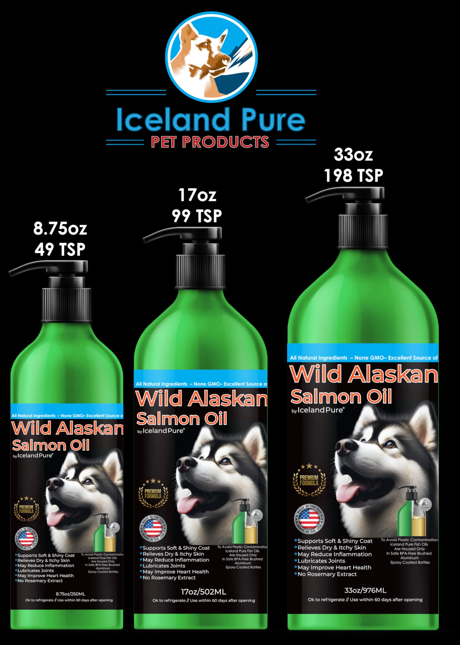 Wild Alaskan Salmon Oil for Dogs and Cats by Iceland Pure | 1,043 mg of Omega-3 per Teaspoon | Salmon Oil & Pollock Blend | BPA-Free Brushed Aluminum Epoxy Coated Bottle with Pump - 33 oz