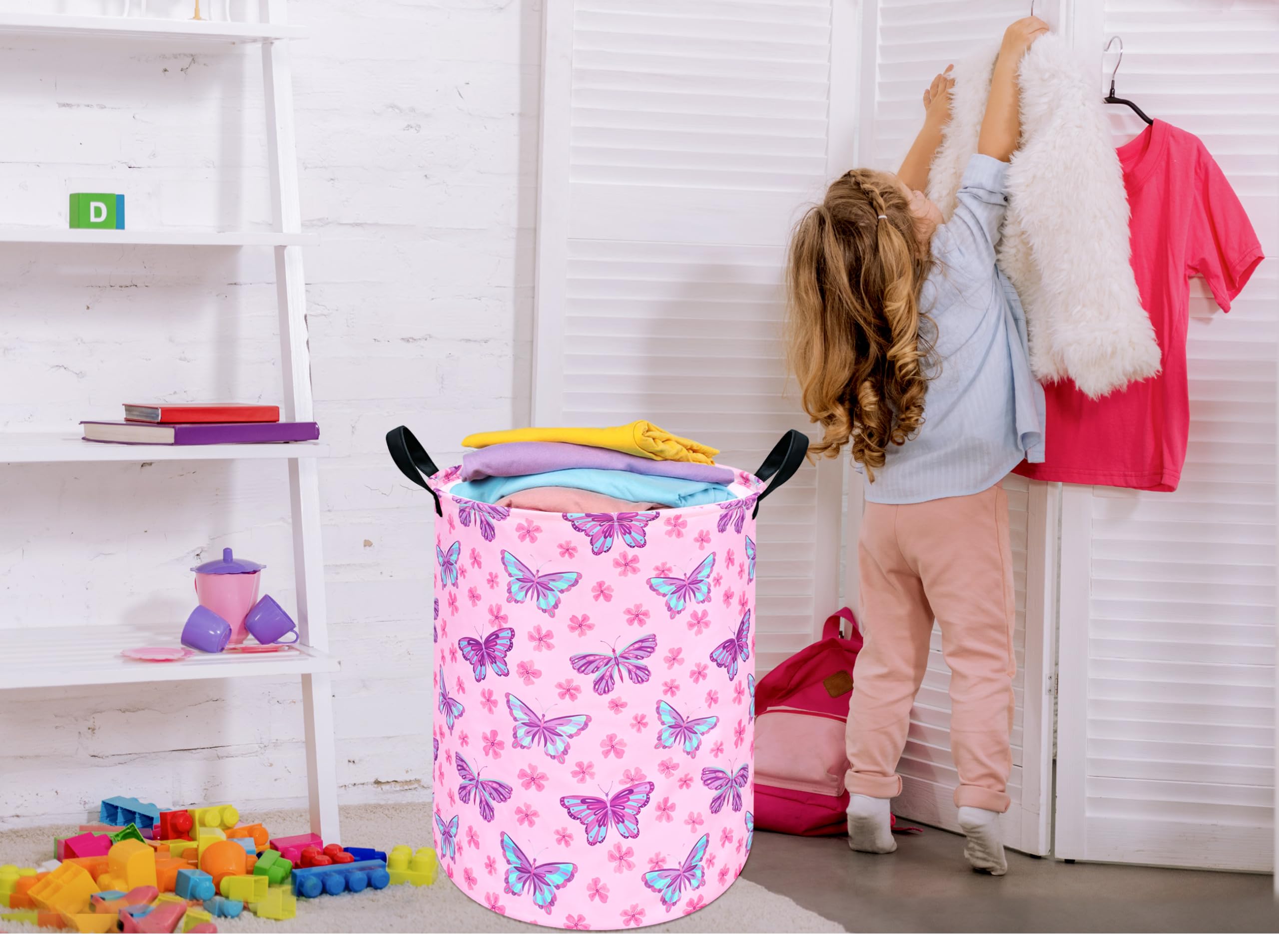 HUAYEE 19.7 Inch Baby Laundry Basket Girls Laundry Hamper Storage Basket Fabric Material Organization Basket, Storage Bin, Toy Box,Gift Basket with Handles for Room (Butterfly)