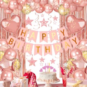 Lutoys Rose Gold Happy Birthday Party Decorations, Happy Birthday Banner, Rose Gold Foil Heart Star Confetti Balloons Curtain Backdrop Hanging Swirls Butterfly Party Decor for Girls Women Princess