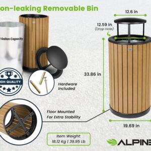 Alpine 32 Gallon Commercial Outdoor Trash Can - Heavy Duty Garbage Can Outdoor, Industrial Trash Can with Plastic Panels for Patio, Parks, Trails & Resorts (Rain Bonnet Lid - Cedar)