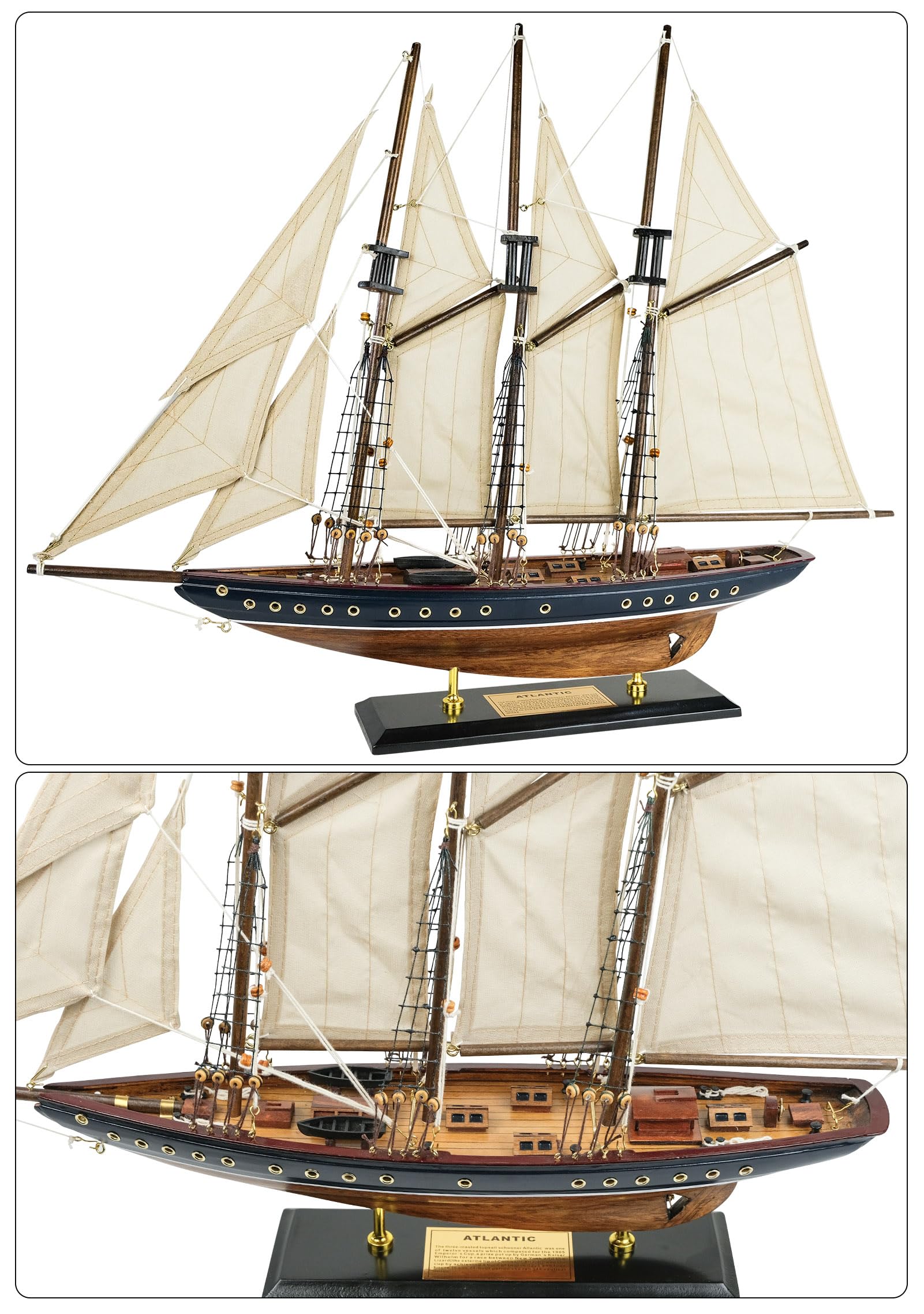 SAILINGSTORY Wooden Sailboat Model Ship Sailboat Decor 24" Schooner Atlantic 1:60 Scale Replica Blue and Walnut Antique Finish