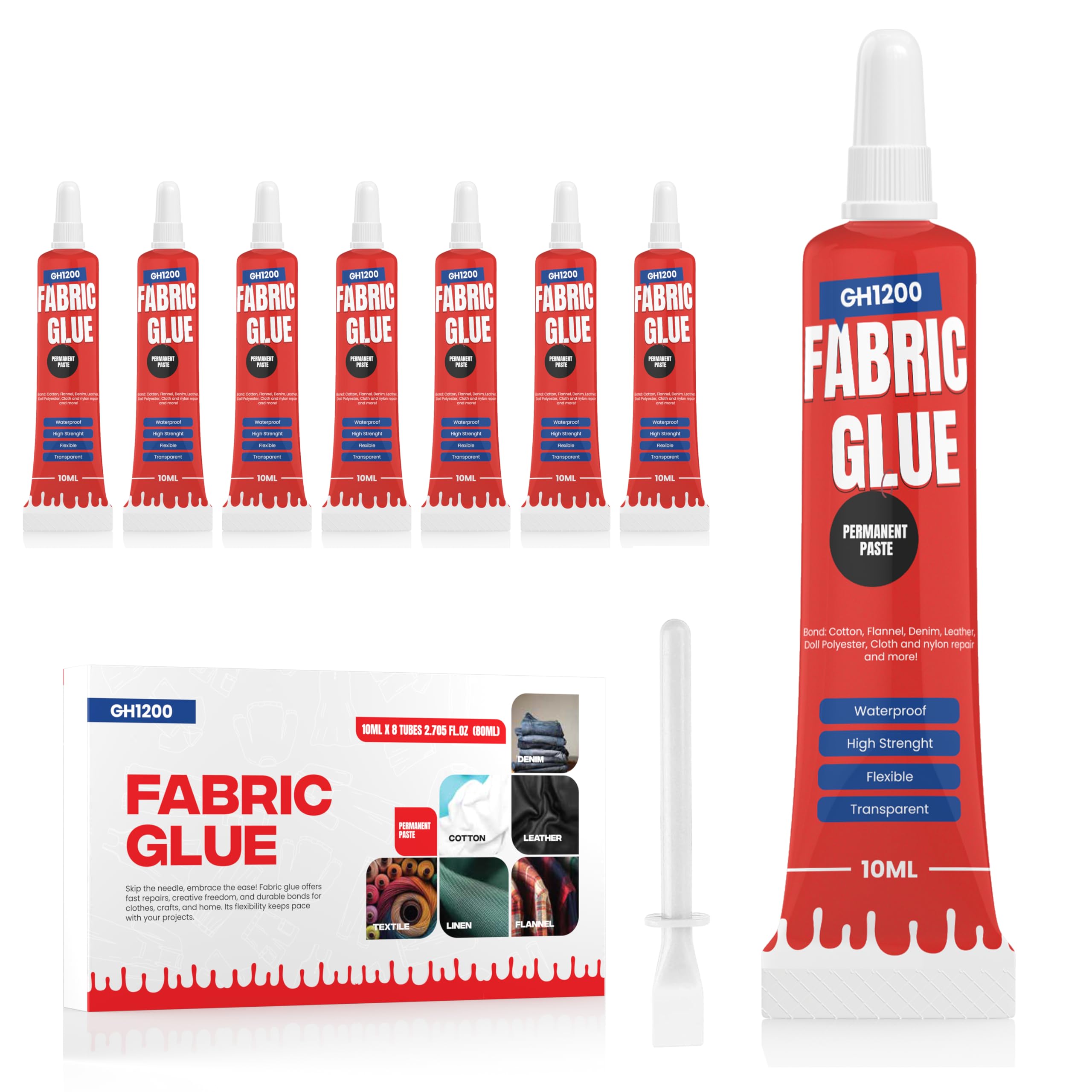 Fabric Glue Permanent (10 ML x 8), Fabric Glue for Clothing Permanent Washable for Rhinestones, Patches, Clothes, Denim, Leather, Polyester, Fabrics, Doll Repair, Flannel, Cotton & More