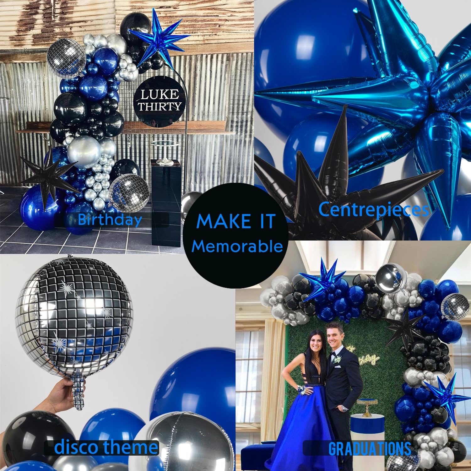 yeewaka royal blue and black silver disco balloon garland arch kit 170+pcs with 4D disco ball diy Star balloons mylar balloon for Birthday graduations Prom disco party decorations