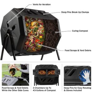 Compost Tumbler - 43Gal Compost Bin with Dual Chambers, 360-Degree Rotating Design, and Garden Gloves Included - Homesteading Supplies by Pure Garden