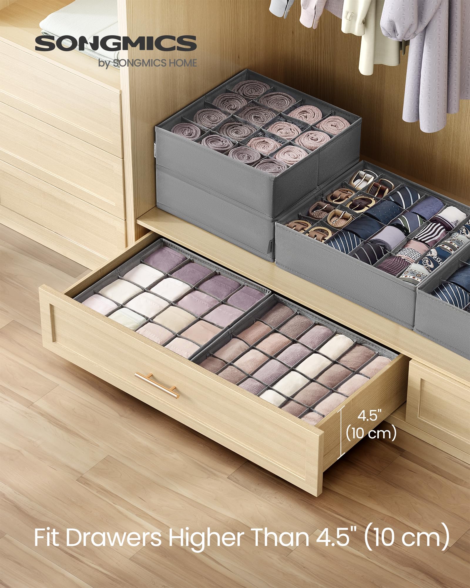 SONGMICS Set of 4 Drawer Organizers, Closet Organizers for Underwear, 80 Cells, Foldable Sock Holders, 11.8 x 11.8 x 3.9 Inches, for Storing Socks, Ties, Belts, Dove Gray URUS011G01