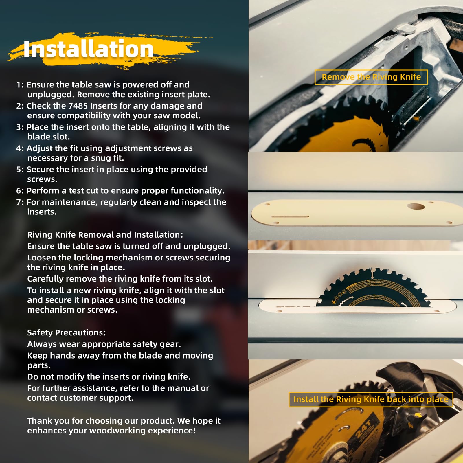 Rolkely Zero Clearance Inserts Compatible with DeWalt DWE7485 with Riving Knife Slot, Precise Cuts with No Tear-out and Helps Improve Dust Flow, Includes Off-set Screws, Easy Height Adjustment, 4-pack