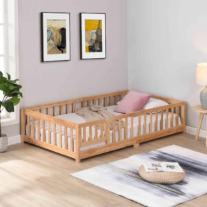 tesnus twin size floor bed with door, montessori bed with rails and slats for boys and girls, solid wood platform bed frame for kids with fence,natural wood