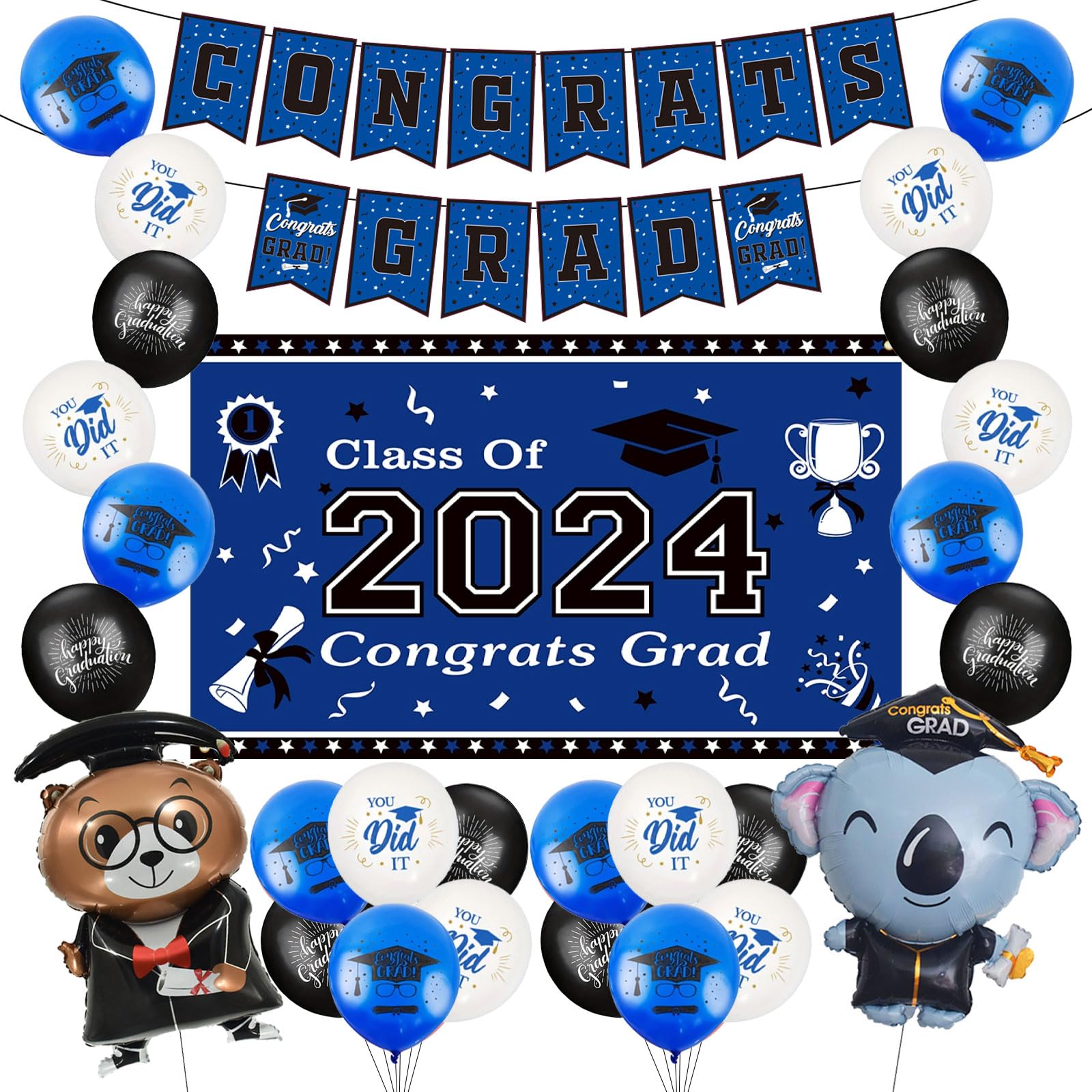 Graduation Decorations Class of 2024 Blue Themed - 2024 Graduation Foil Balloons Congrats Grad Banner Graduation Backdrop Kindergarten Graduation Congrats Grad Party Decorations Supplies