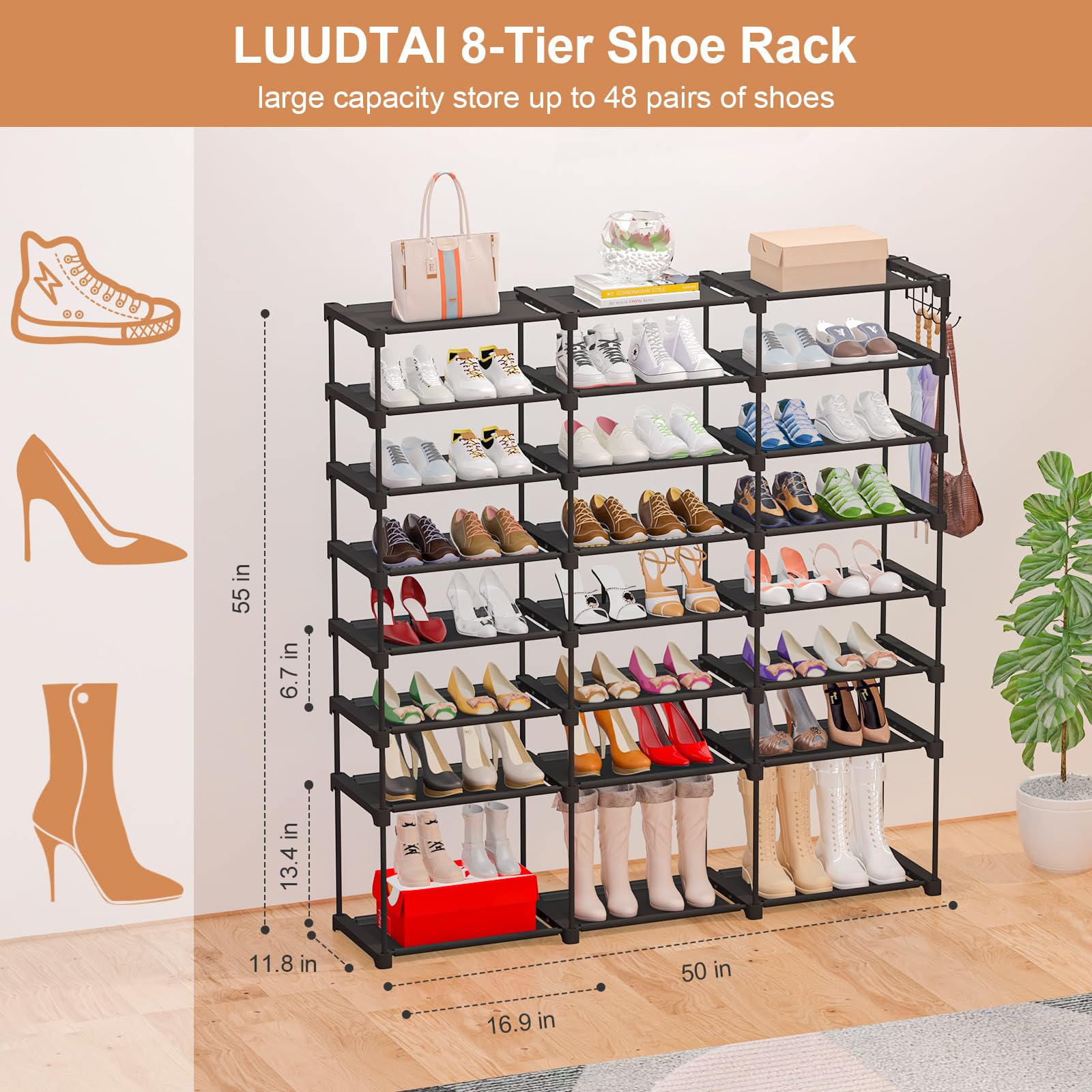 LUUDTAI Shoe Organizer 8 Tier Tall Shoe Rack 36-48 Pairs Large Shoe Storage Shelf with Hook and Foldable Sock Box, Stackable Free Standing Shoe Rack for Closet Entryway Bedroom Garage