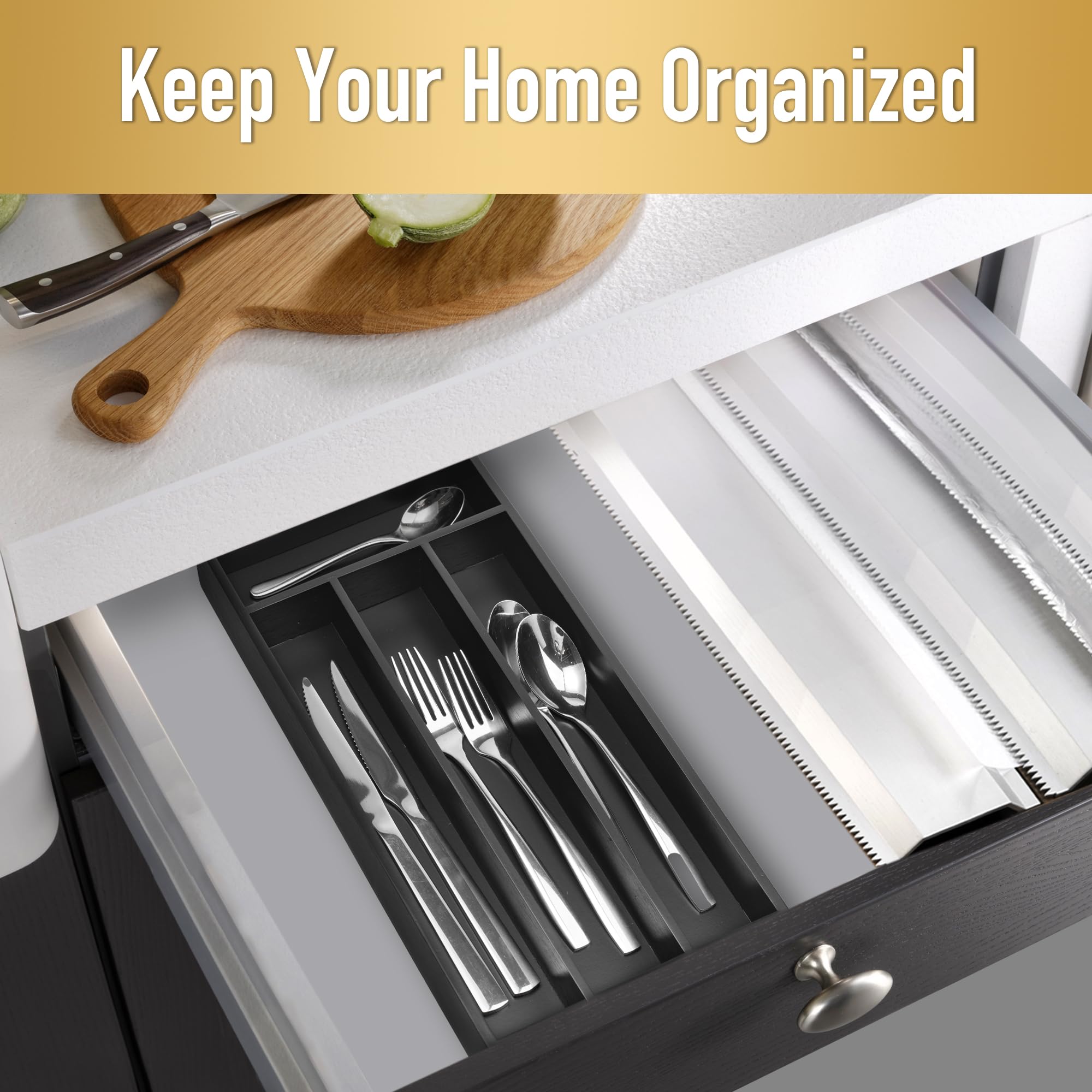 Conflech Silverware Organizer Small Bamboo Kitchen Drawer Organizer Utensil Organizer Silverware Holder Cutlery Organizer in drawer Flatware Organizer Tray (Black 4 Slots)