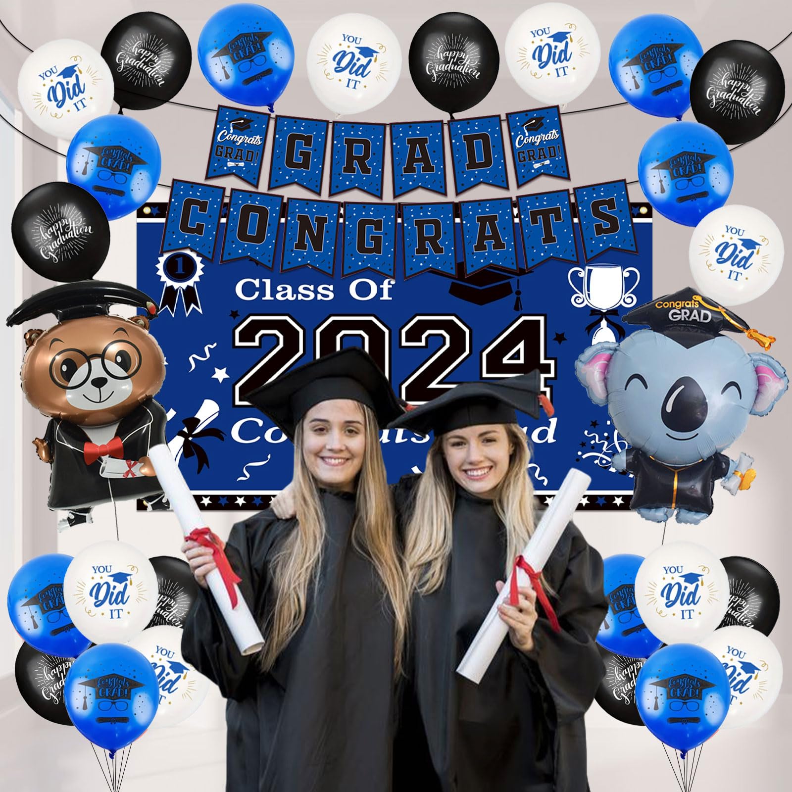 Graduation Decorations Class of 2024 Blue Themed - 2024 Graduation Foil Balloons Congrats Grad Banner Graduation Backdrop Kindergarten Graduation Congrats Grad Party Decorations Supplies