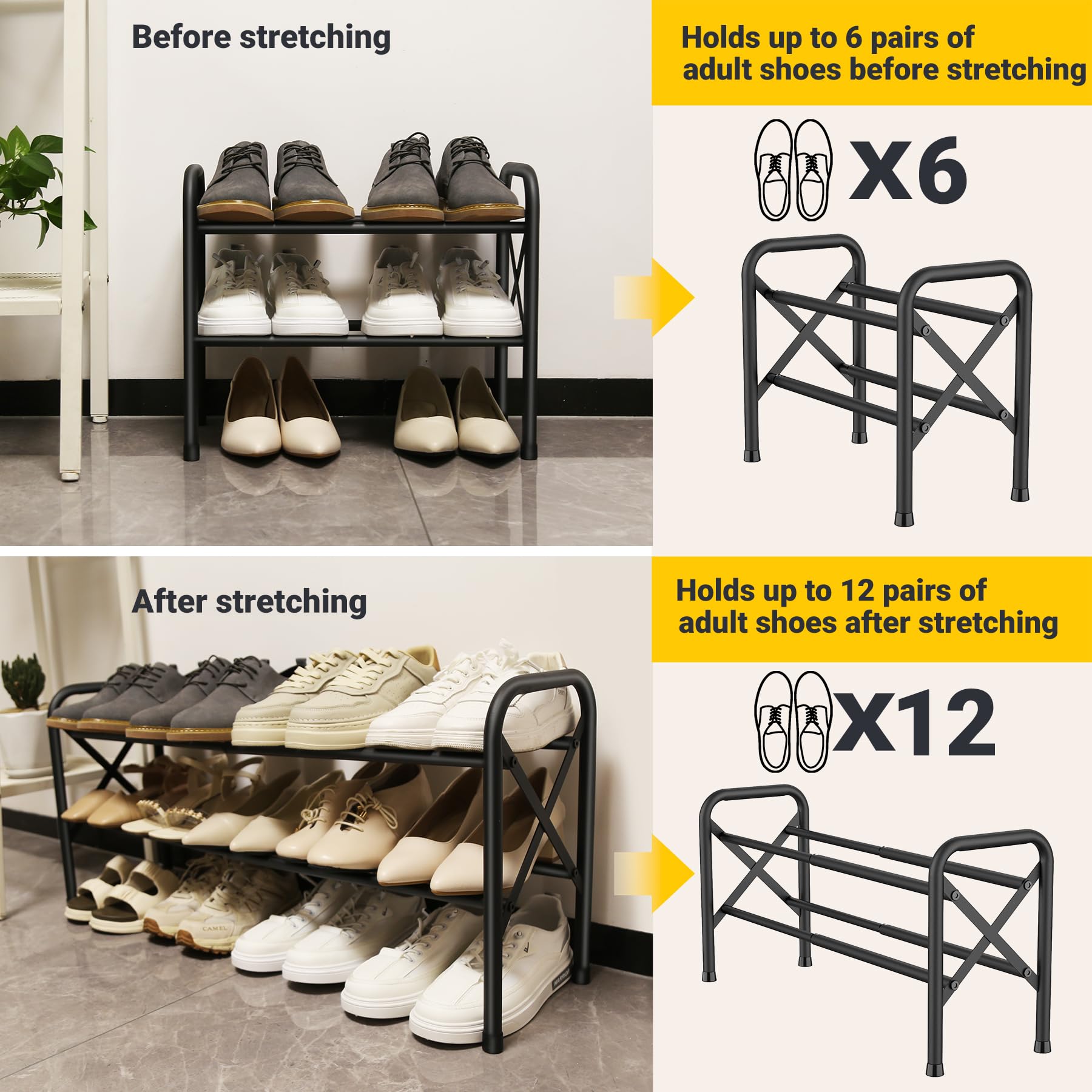 YEASHEIN 2-Tier Expandable Shoe Rack for Closet, Adjustable Shoe Organizer Metal Shoe Shelf for Entryway, Garage & Corridor, Free Standing Shoe Holders, Easy to Assemble