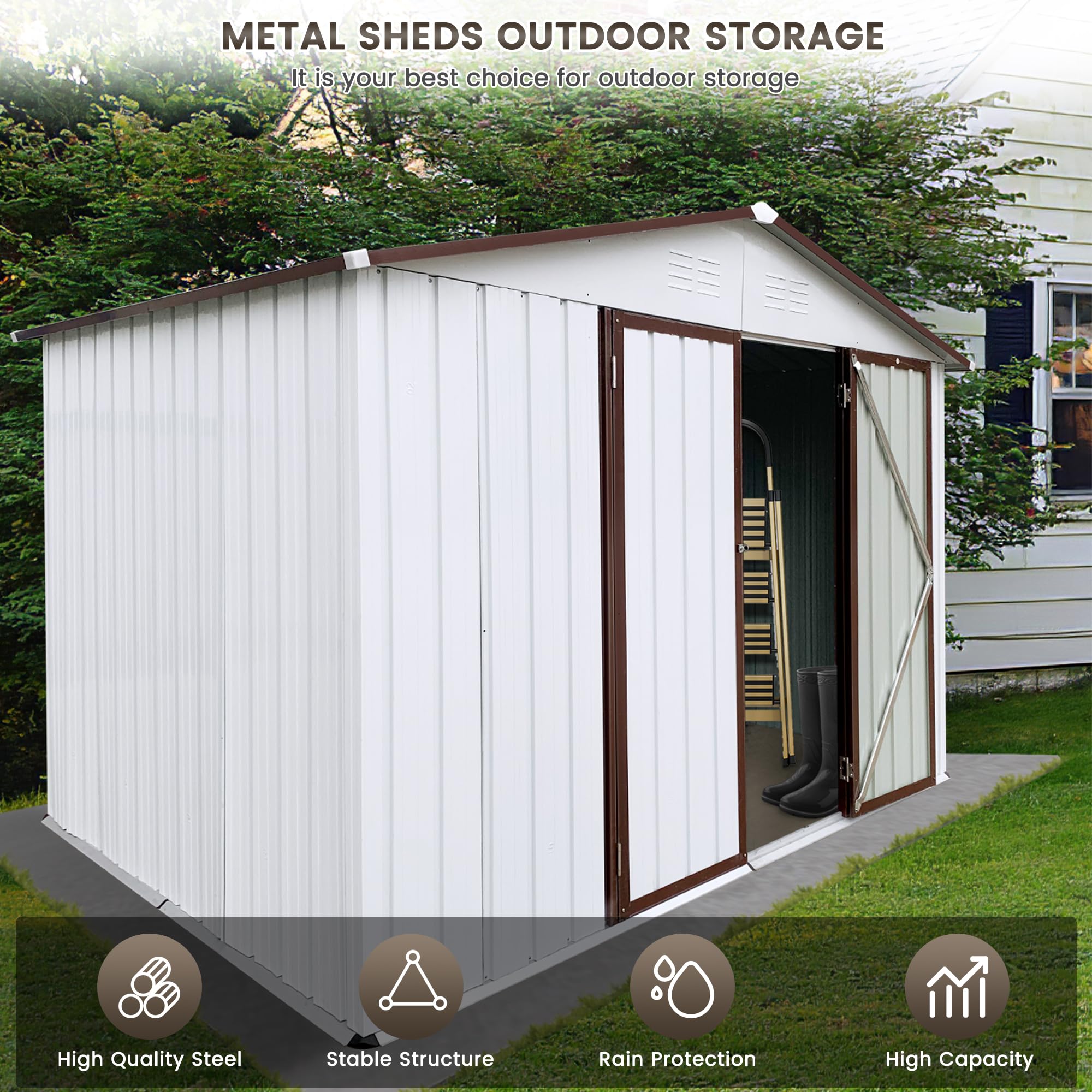 10 x 8FT Outdoor Storage Shed,Anti-Corrosion Tool Shed with Sloping Roof,Heavy Duty Metal Tool Sheds Storage House w/Lockable Door & Air Vent for Garden, Patio, Lawn