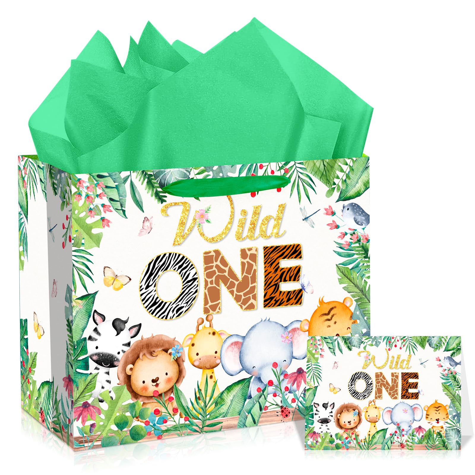 Yoirrat Wild One Birthday Decorations Large Wild One Gift Bags with Greeting Card for Boys 1st Birthday Wrapping Paper Bag Woodland Animal Print Gift Bag Baby Shower Christmas Birthday Party Supplies