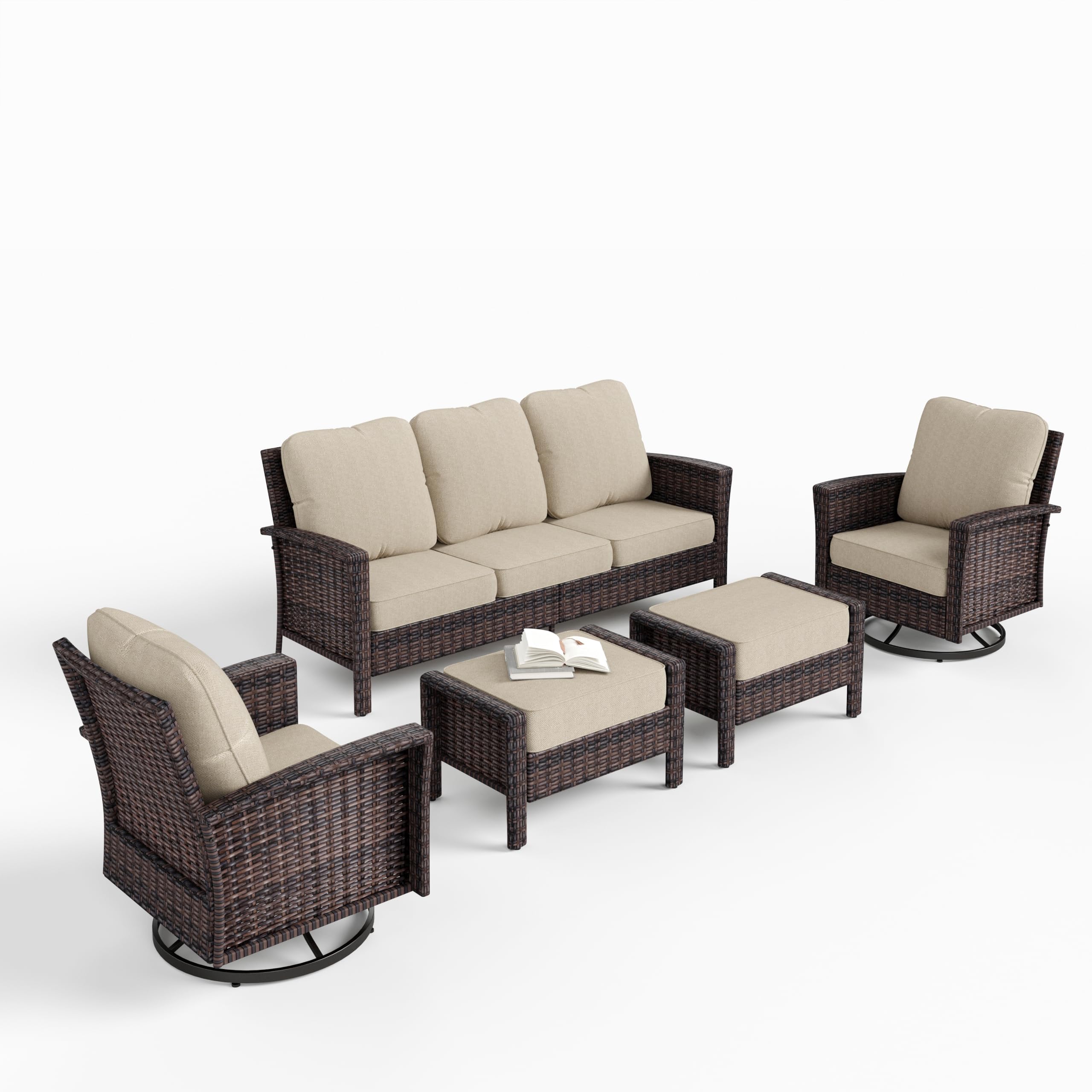 HERA'S HOUSE Patio Furniture Set with High Back Swivel Chairs, 5-Piece Outdoor Wicker Furniture Conversation Set with Ottomans for Garden Yard Porch, Beige