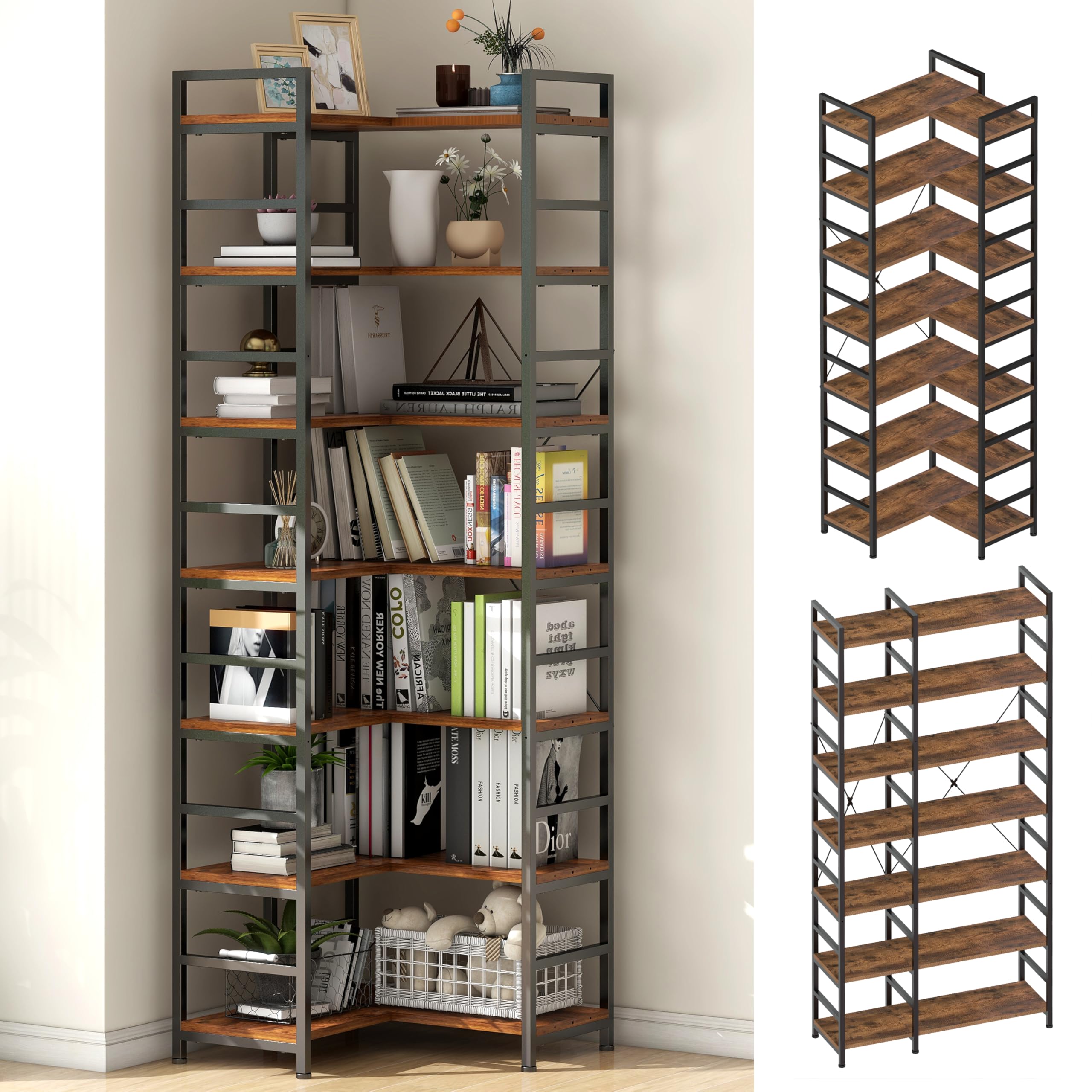 Tohomeor 7-Shelf Corner Bookshelf Freestanding Large Modern Corner Bookcase 7-Tier Tall Corner Shelf Storage Display Rack with Metal Frame for Living Room Home Office (Rustic Brown, 7 Tier)