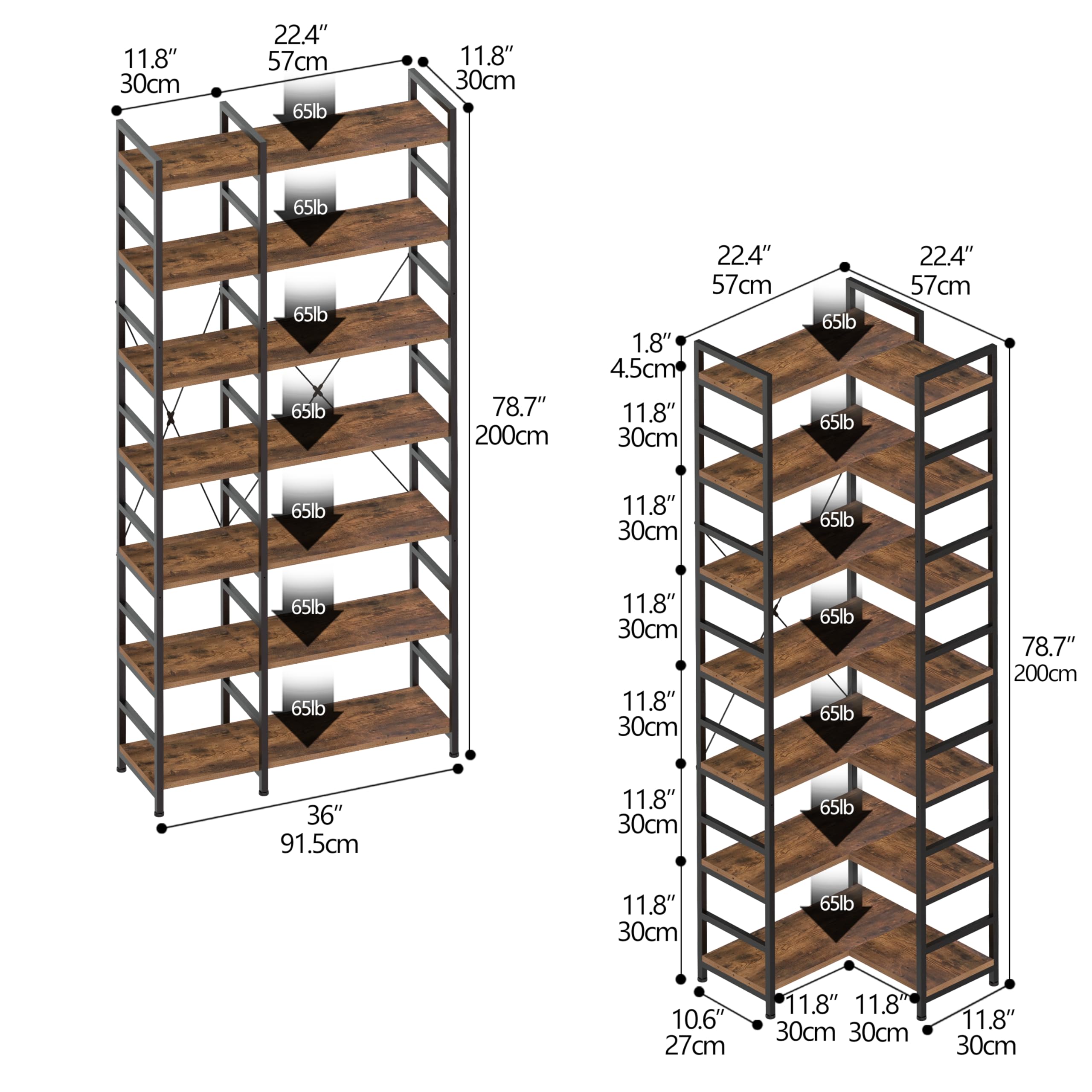 Tohomeor 7-Shelf Corner Bookshelf Freestanding Large Modern Corner Bookcase 7-Tier Tall Corner Shelf Storage Display Rack with Metal Frame for Living Room Home Office (Rustic Brown, 7 Tier)