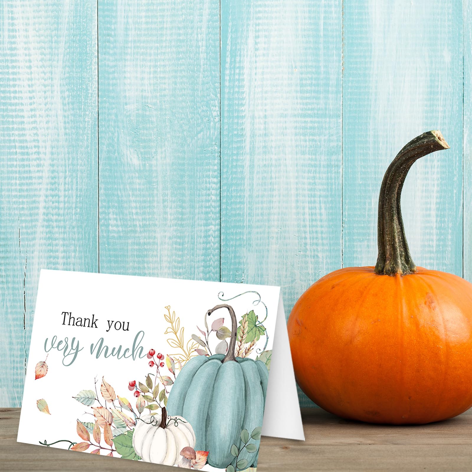 Whaline 24 Pack Fall Thank You Cards Bulk Blue Pumpkin Greeting Cards with Envelope Sticker Blank Note Cards for Autumn Birthday Baby Shower Party Supplies, 4 x 6 Inch