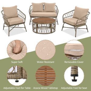 LUMISOL 4 Piece Outdoor Furniture Set with Wood Table, Patio Furniture Set with Removable Cushions, Outdoor Conversation Set for 4 Person, for Backyard Pool, Beige