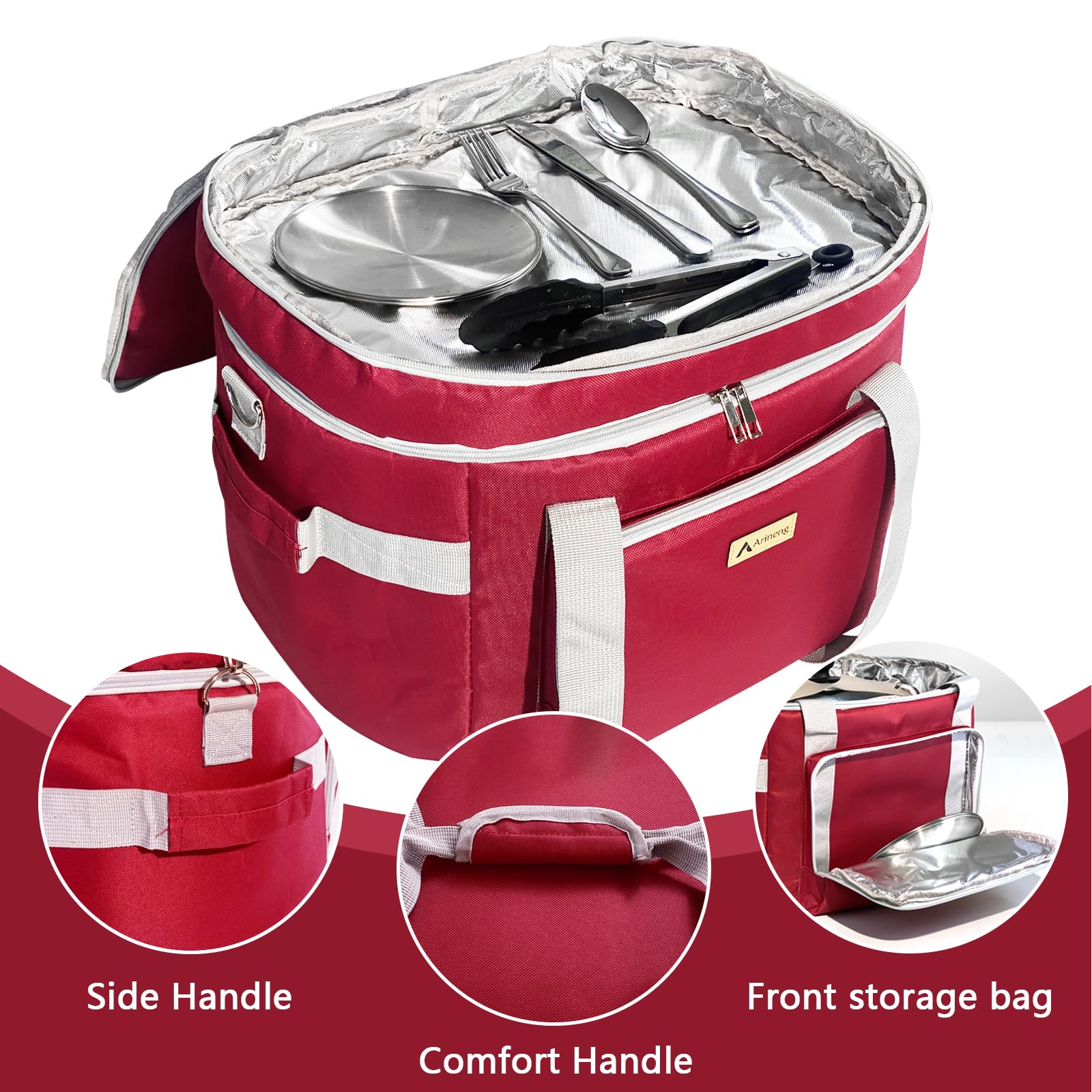 Arineng Double Layer Slow Cooker Bags for 5-8 Quart Crock Pots - Insulated Travel Carrier with Fixators, Base Pad, and Shoulder Strap - Suitable for Small and Large Slow Cookers (rose red)