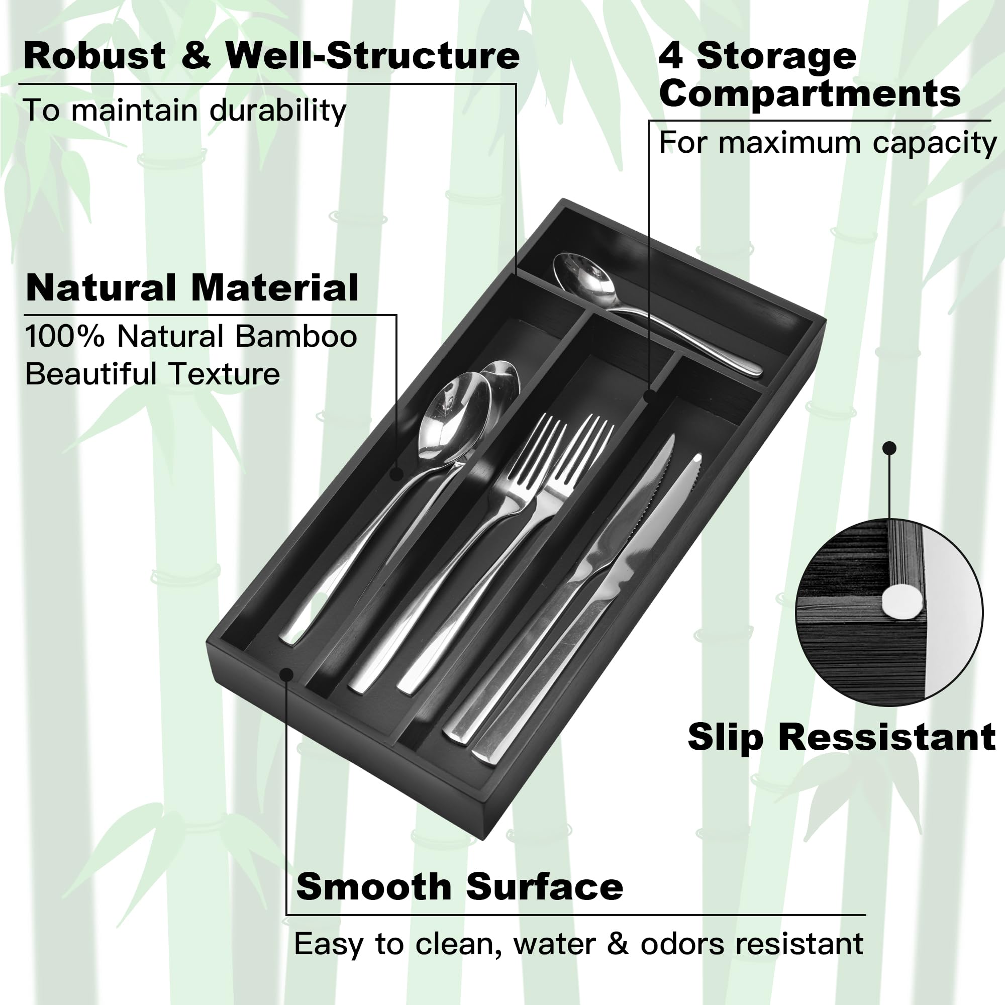 Conflech Silverware Organizer Small Bamboo Kitchen Drawer Organizer Utensil Organizer Silverware Holder Cutlery Organizer in drawer Flatware Organizer Tray (Black 4 Slots)