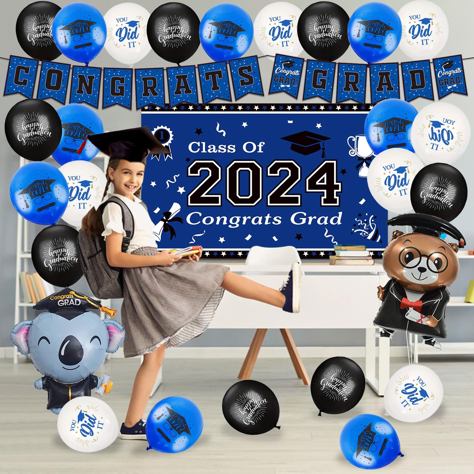 Graduation Decorations Class of 2024 Blue Themed - 2024 Graduation Foil Balloons Congrats Grad Banner Graduation Backdrop Kindergarten Graduation Congrats Grad Party Decorations Supplies