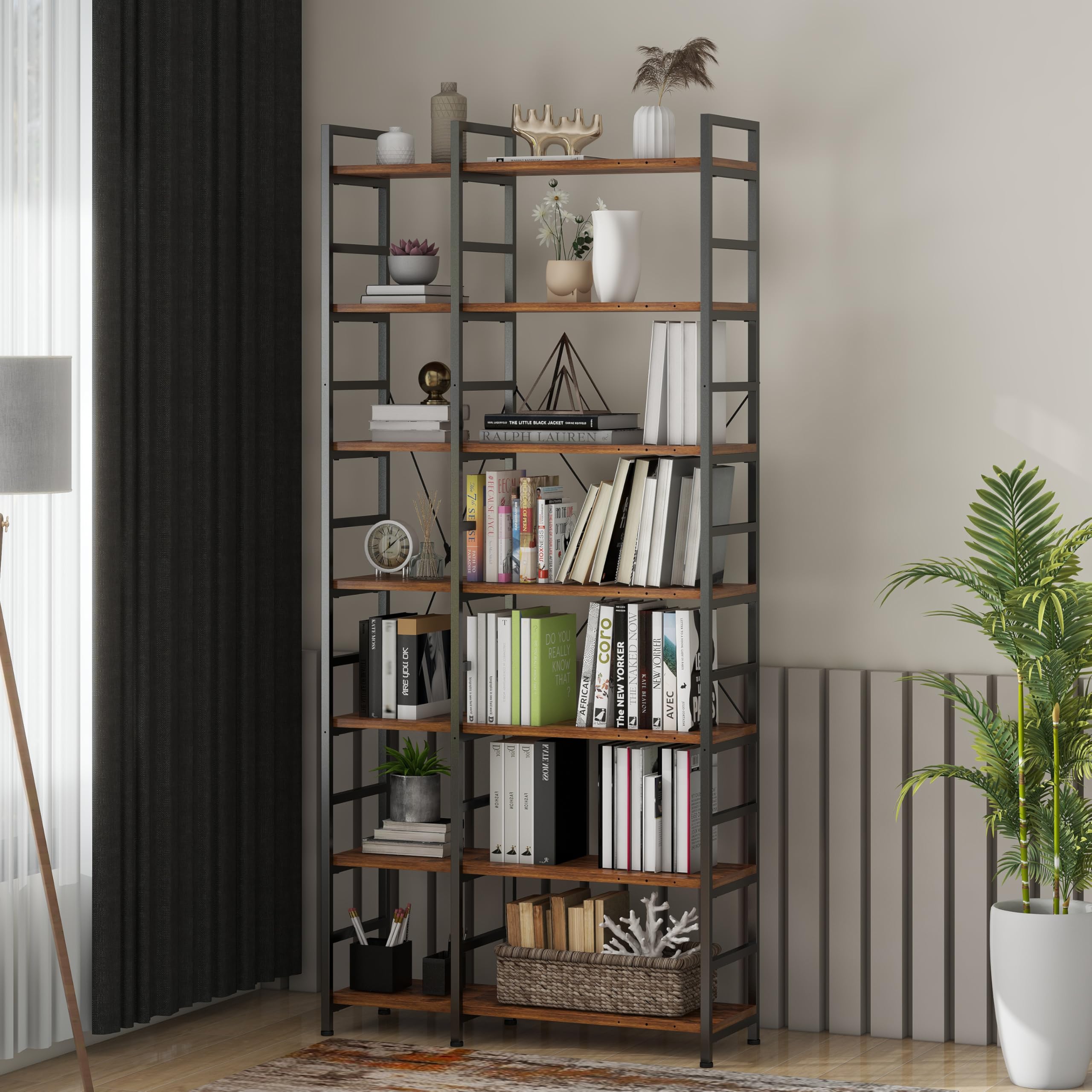 Tohomeor 7-Shelf Corner Bookshelf Freestanding Large Modern Corner Bookcase 7-Tier Tall Corner Shelf Storage Display Rack with Metal Frame for Living Room Home Office (Rustic Brown, 7 Tier)