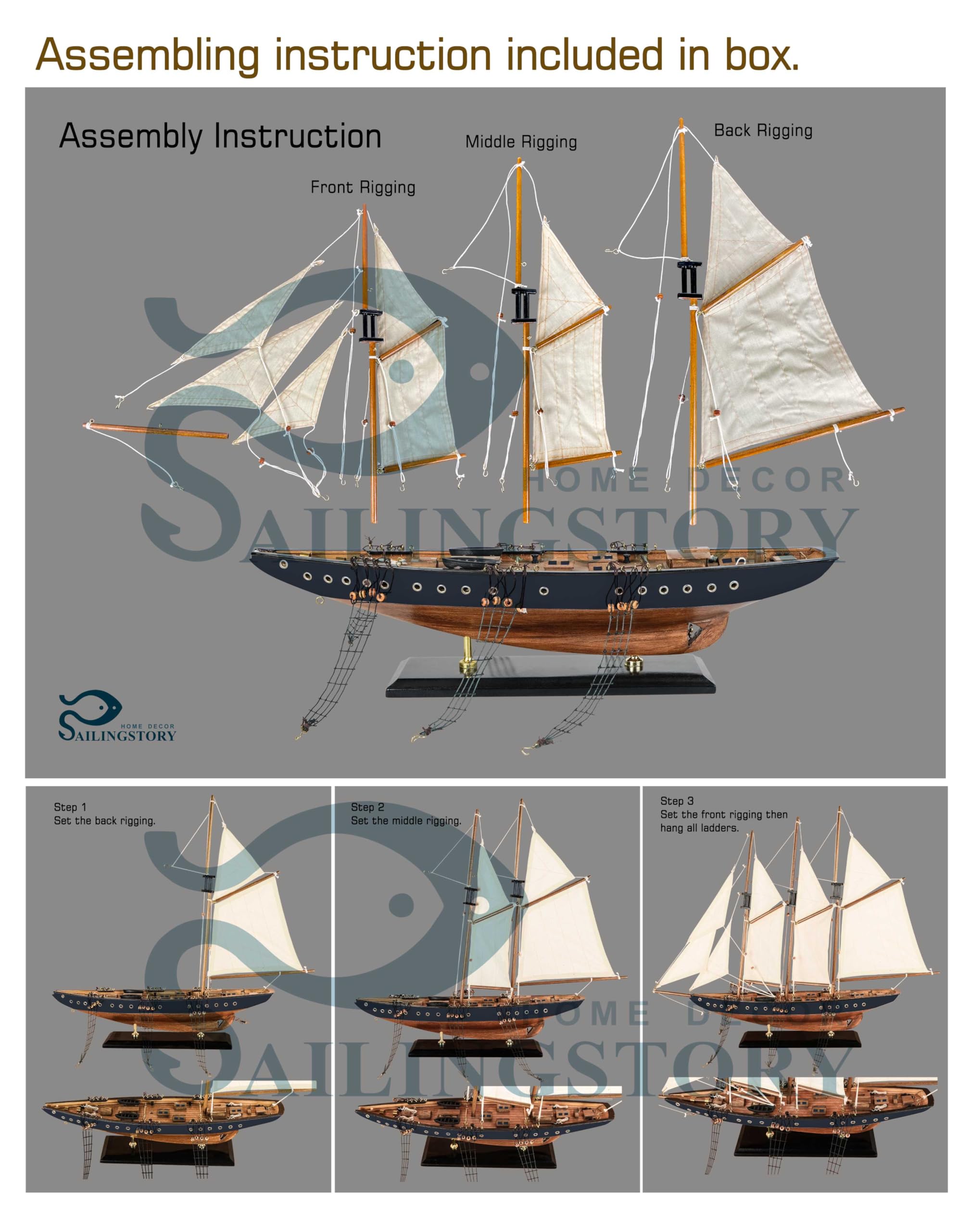 SAILINGSTORY Wooden Sailboat Model Ship Sailboat Decor 24" Schooner Atlantic 1:60 Scale Replica Blue and Walnut Antique Finish